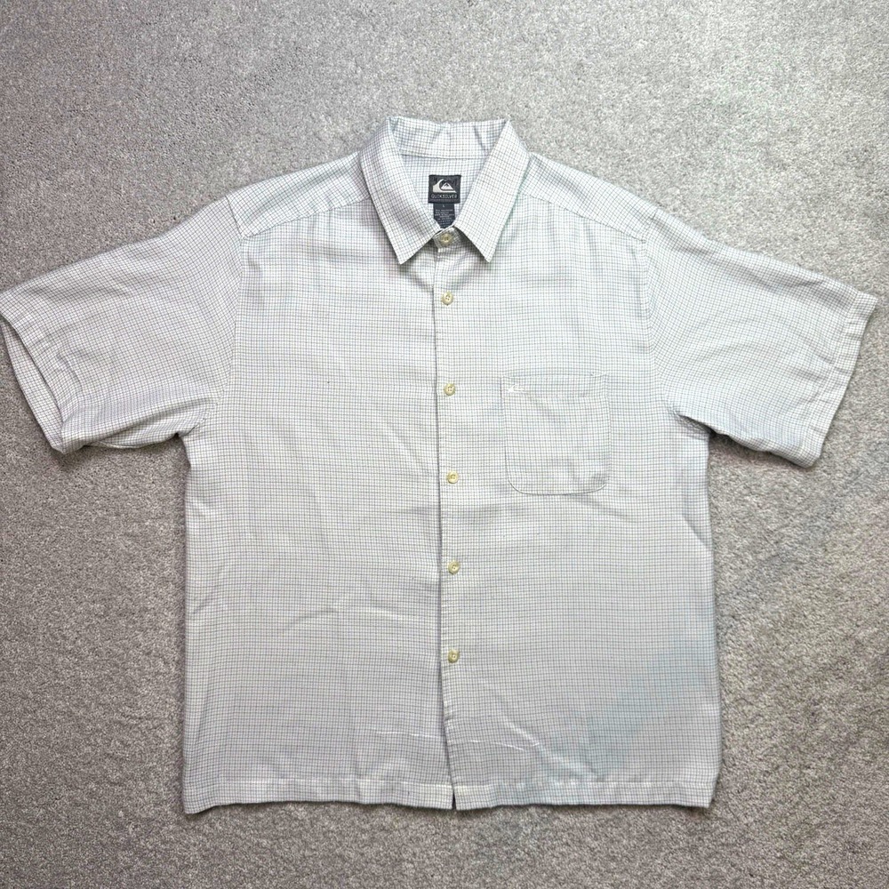 Quiksilver Mens L White Micro Check Short Sleeve Button Up Shirt Surf
